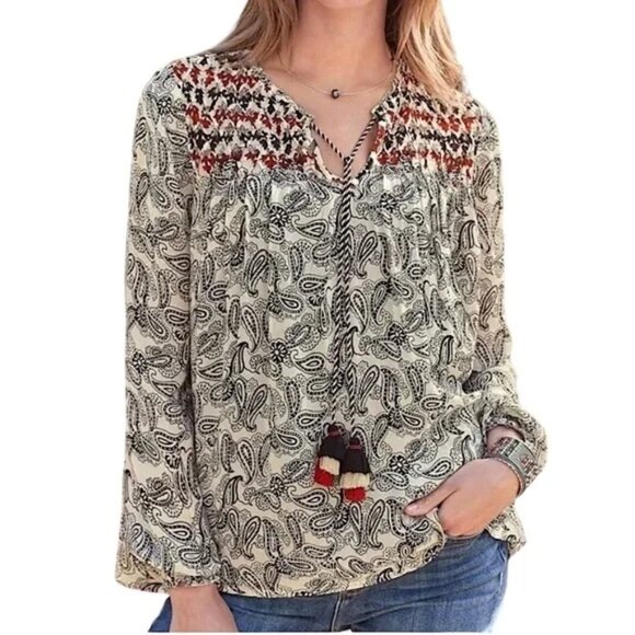 Sundance Boho Blouse | Embroidered Ruching Details With Tassel Ties - Picture 1 of 10